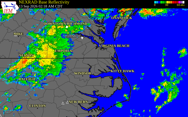 Current NEXRAD radar over Gates County, North Carolina with recent storm report locations