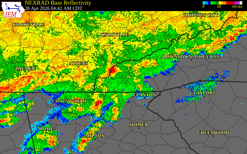 NEXRAD radar during the Tuesday, April 28, 2026 storm activity in Graham County, North Carolina