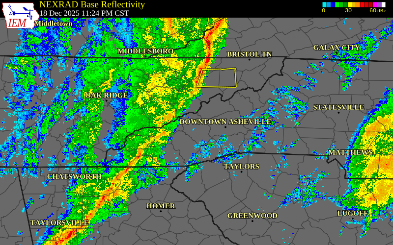 Radar snapshot during the Dec 19, 2025 wind event near Graham County, Graham County, North Carolina, with NWS warning polygons
