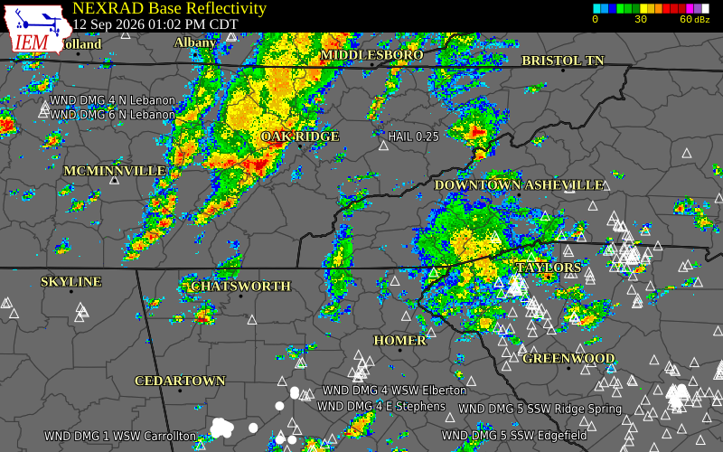Current NEXRAD radar over Graham County, North Carolina with recent storm report locations