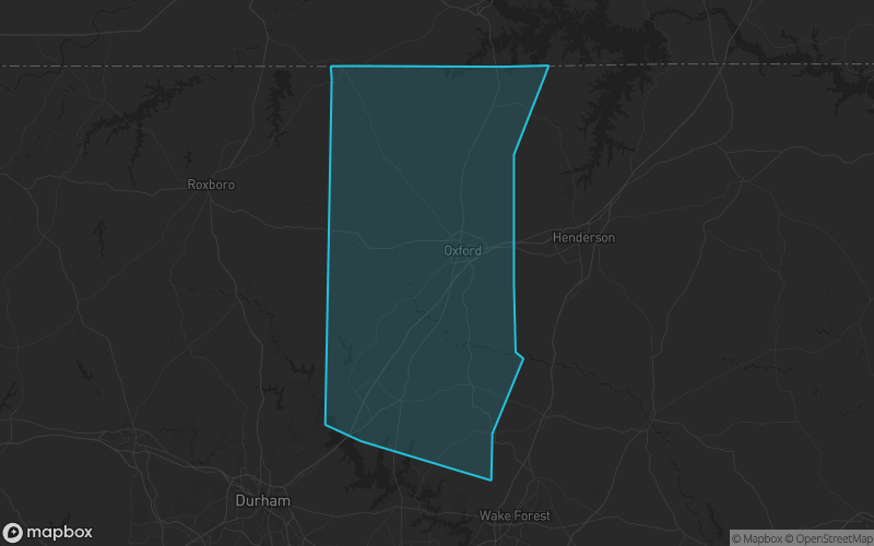 Map of Granville County, North Carolina showing the county boundary and surrounding cities
