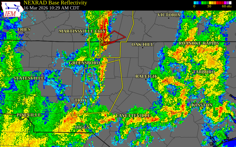 NEXRAD radar during the Monday, March 16, 2026 storm activity in Granville County, North Carolina