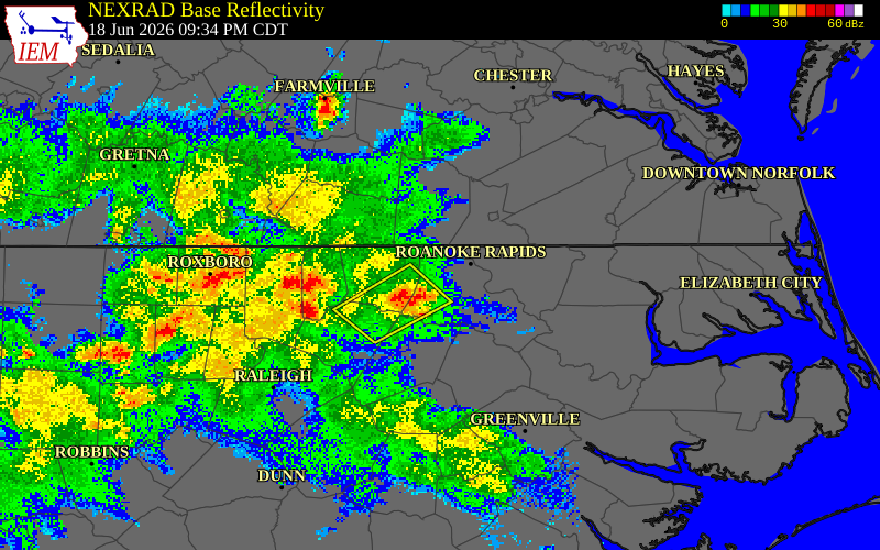 NEXRAD radar during the Thursday, June 18, 2026 storm activity in Granville County, North Carolina