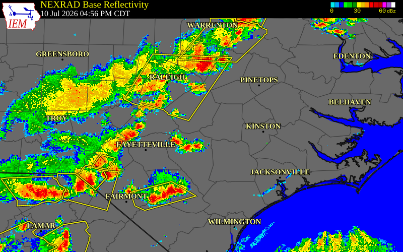 NEXRAD radar during the Friday, July 10, 2026 storm activity in Granville County, North Carolina