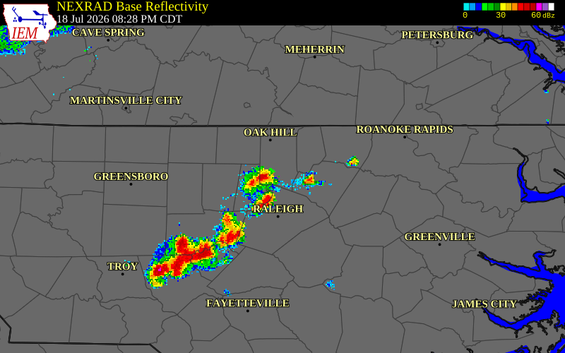 NEXRAD radar during the Saturday, July 18, 2026 storm activity in Granville County, North Carolina