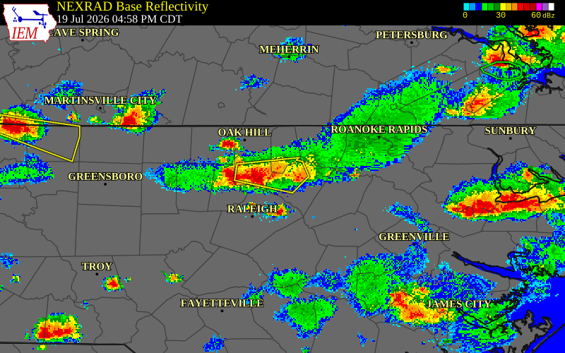 NEXRAD radar during the Sunday, July 19, 2026 storm activity in Granville County, North Carolina
