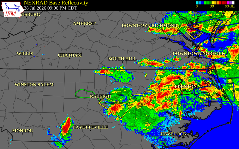 Radar snapshot during the Jul 28, 2026 wind event near Granville County, Granville County, North Carolina, with NWS warning polygons
