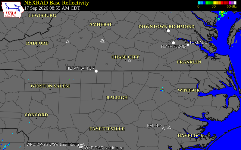 Current NEXRAD radar over Granville County, North Carolina with recent storm report locations