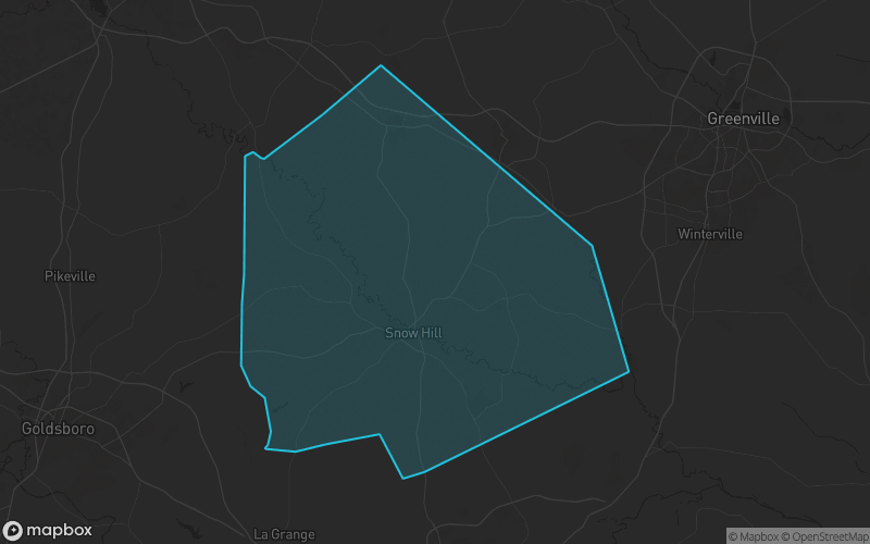 Map of Greene County, North Carolina showing the county boundary and surrounding cities
