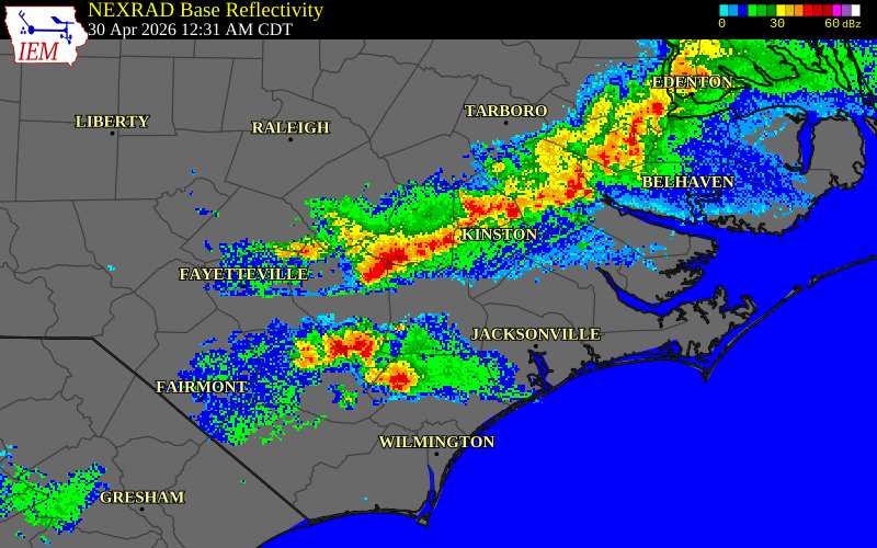 NEXRAD radar during the Thursday, April 30, 2026 storm activity in Greene County, North Carolina