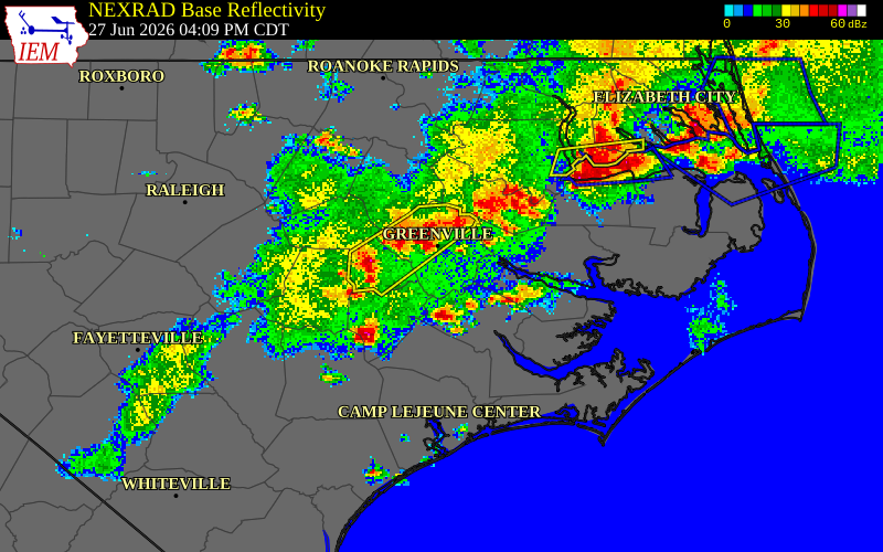 NEXRAD radar during the Saturday, June 27, 2026 storm activity in Greene County, North Carolina