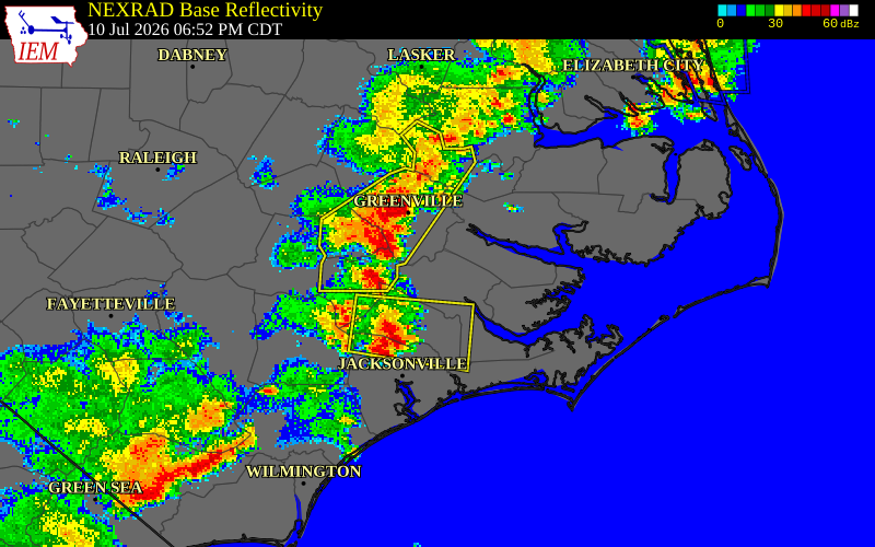 NEXRAD radar during the Friday, July 10, 2026 storm activity in Greene County, North Carolina