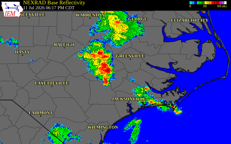 NEXRAD radar during the Saturday, July 11, 2026 storm activity in Greene County, North Carolina