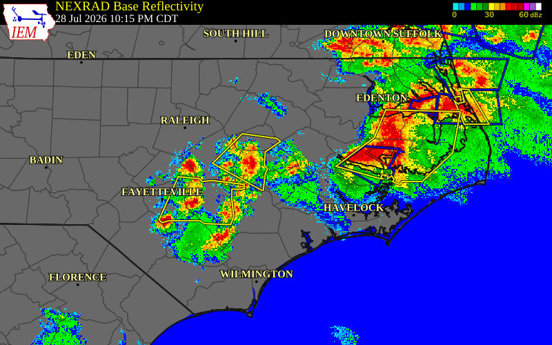 Radar snapshot during the Jul 28, 2026 wind event near Greene County, Greene County, North Carolina, with NWS warning polygons