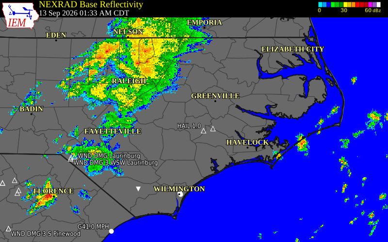 Current NEXRAD radar over Greene County, North Carolina with recent storm report locations
