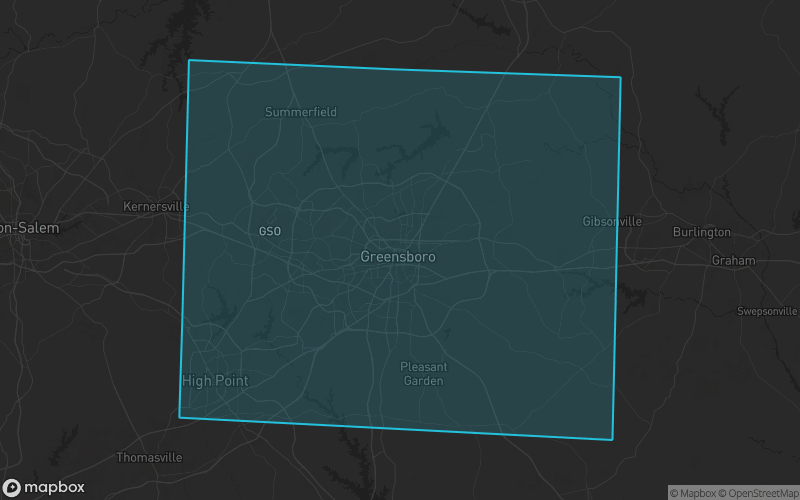 Map of Guilford County, North Carolina showing the county boundary and surrounding cities