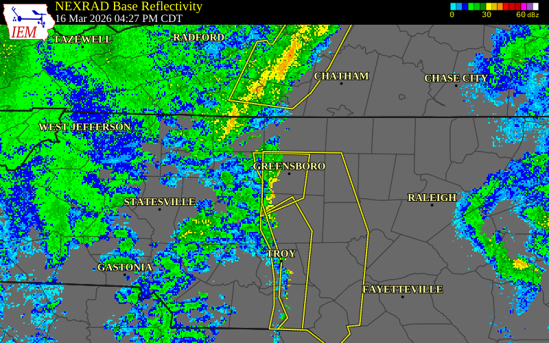 NEXRAD radar during the Monday, March 16, 2026 storm activity in Guilford County, North Carolina