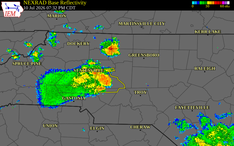 NEXRAD radar during the Friday, July 10, 2026 storm activity in Guilford County, North Carolina