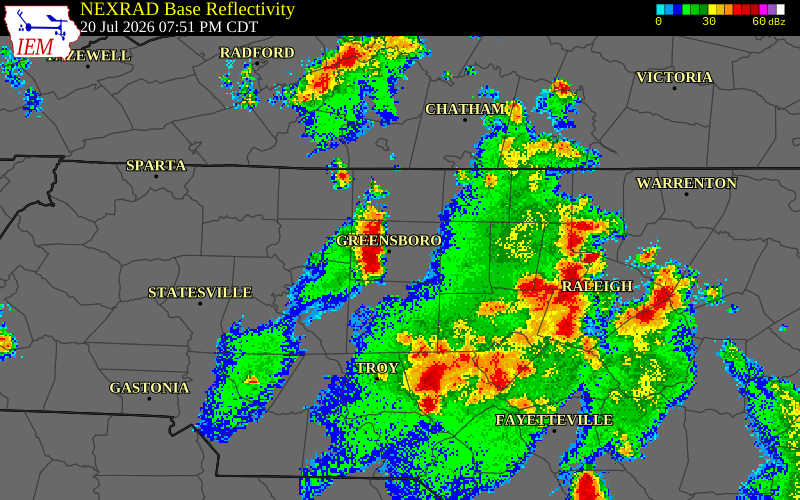 NEXRAD radar during the Monday, July 20, 2026 storm activity in Guilford County, North Carolina