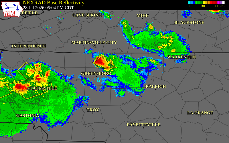 NEXRAD radar during the Tuesday, July 28, 2026 storm activity in Guilford County, North Carolina