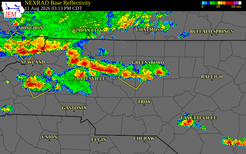 NEXRAD radar during the Tuesday, August 11, 2026 storm activity in Guilford County, North Carolina