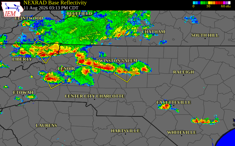 Radar snapshot during the Aug 11, 2026 wind event near Guilford County, Guilford County, North Carolina, with NWS warning polygons