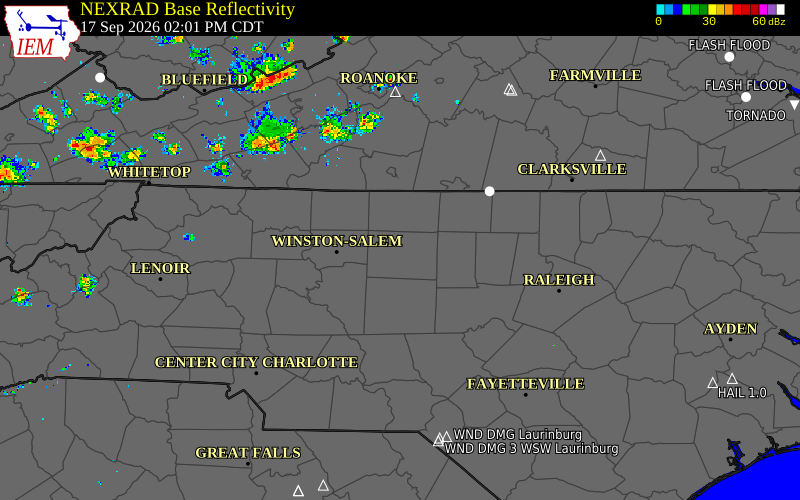 Current NEXRAD radar over Guilford County, North Carolina with recent storm report locations