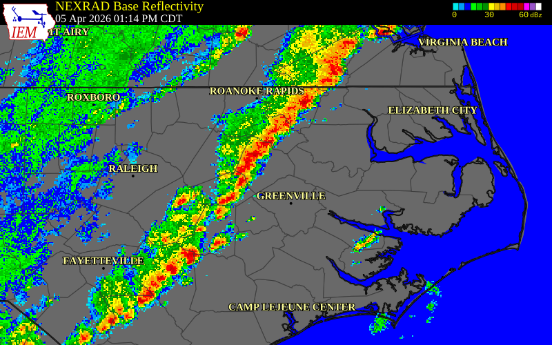 NEXRAD radar during the Sunday, April 5, 2026 storm activity in Halifax County, North Carolina