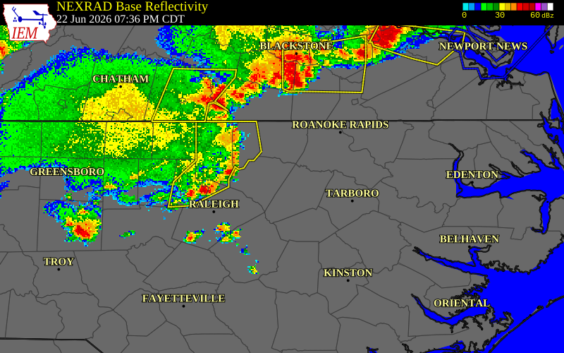 NEXRAD radar during the Monday, June 22, 2026 storm activity in Halifax County, North Carolina