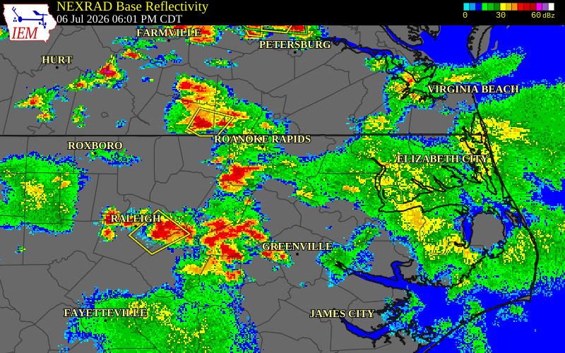 NEXRAD radar during the Monday, July 6, 2026 storm activity in Halifax County, North Carolina