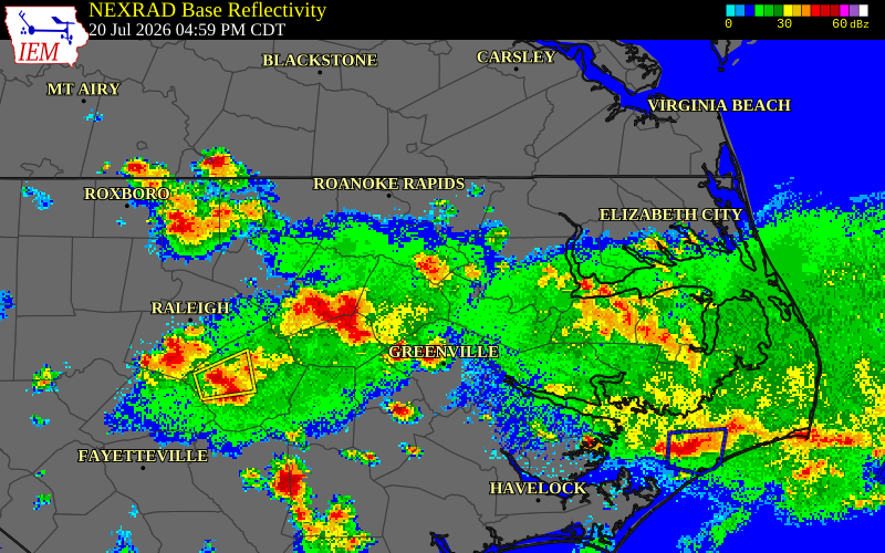 NEXRAD radar during the Monday, July 20, 2026 storm activity in Halifax County, North Carolina