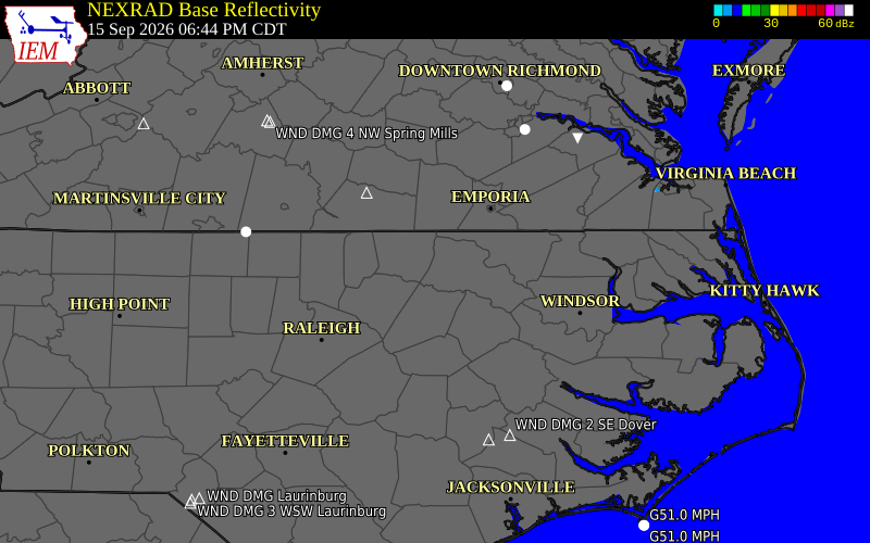 Current NEXRAD radar over Halifax County, North Carolina with recent storm report locations