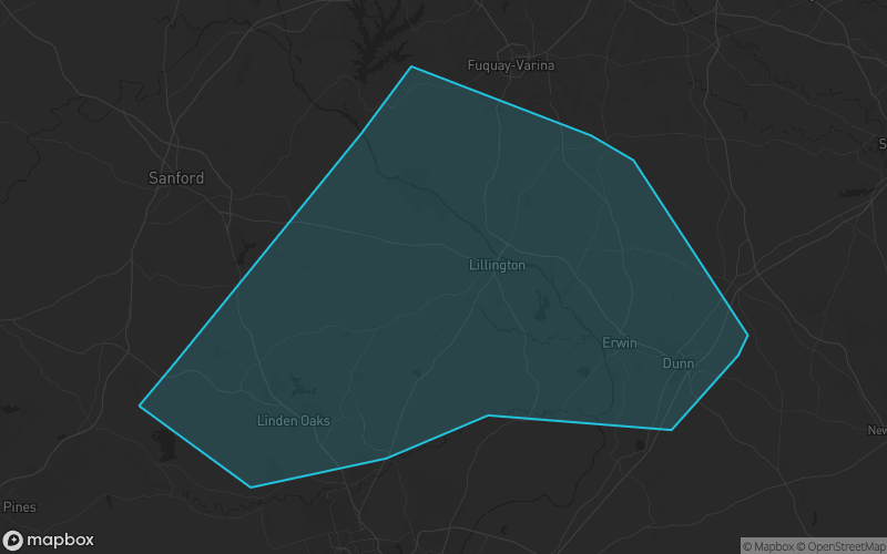 Map of Harnett County, North Carolina showing the county boundary and surrounding cities