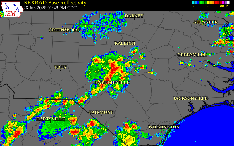 NEXRAD radar during the Friday, June 26, 2026 storm activity in Harnett County, North Carolina