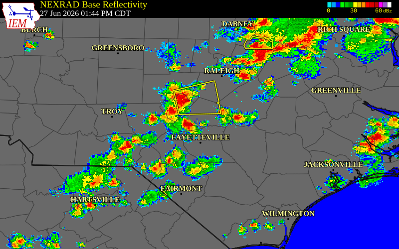 NEXRAD radar during the Saturday, June 27, 2026 storm activity in Harnett County, North Carolina