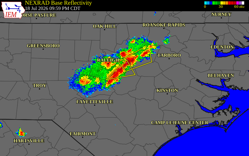 NEXRAD radar during the Saturday, July 18, 2026 storm activity in Harnett County, North Carolina