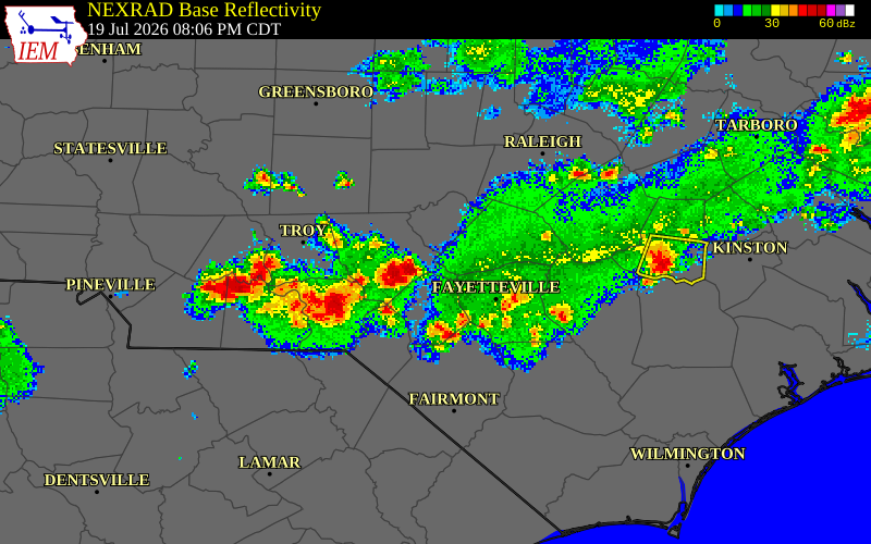 NEXRAD radar during the Sunday, July 19, 2026 storm activity in Harnett County, North Carolina