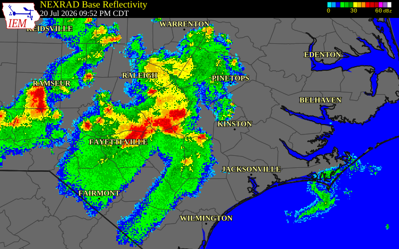 NEXRAD radar during the Monday, July 20, 2026 storm activity in Harnett County, North Carolina