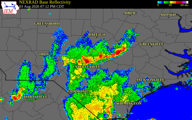 NEXRAD radar during the Monday, August 3, 2026 storm activity in Harnett County, North Carolina