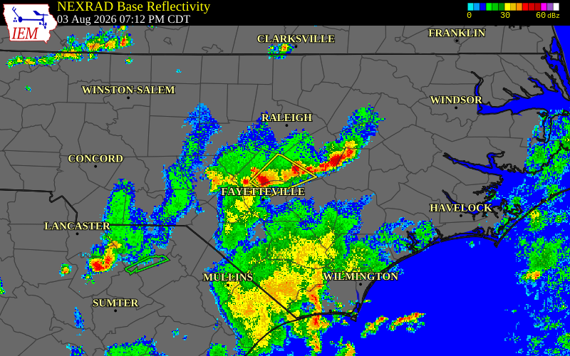 Radar snapshot during the Aug 3, 2026 wind event near Harnett County, Harnett County, North Carolina, with NWS warning polygons