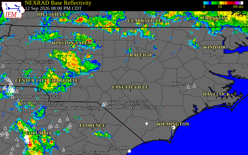 Current NEXRAD radar over Harnett County, North Carolina with recent storm report locations