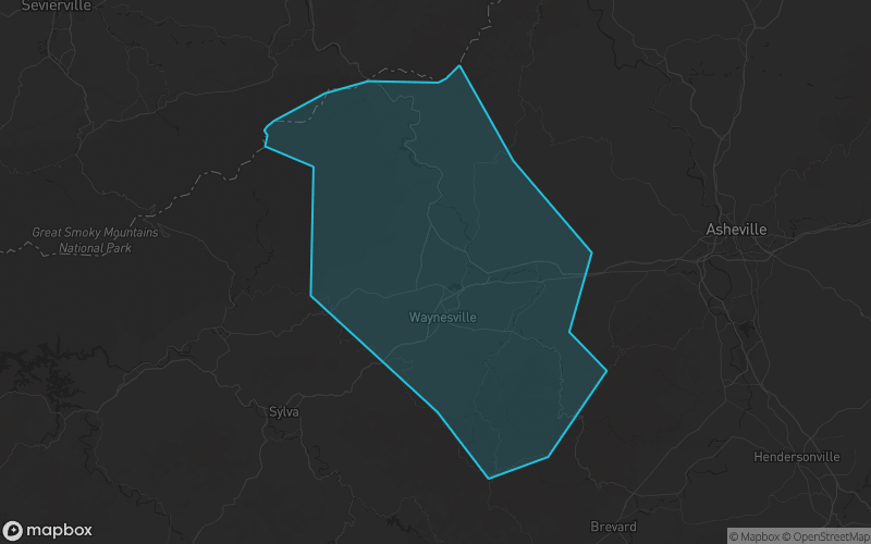 Map of Haywood County, North Carolina showing the county boundary and surrounding cities