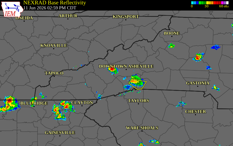 NEXRAD radar during the Thursday, June 11, 2026 storm activity in Haywood County, North Carolina