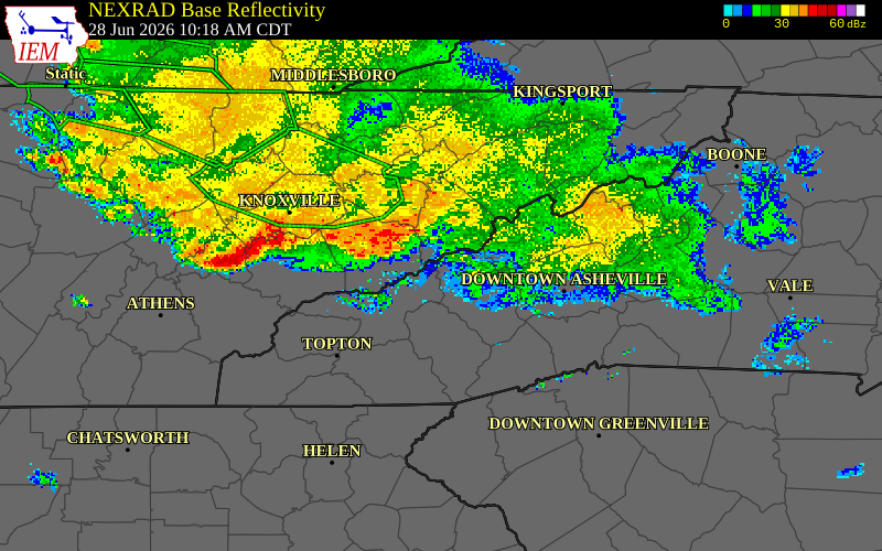 NEXRAD radar during the Sunday, June 28, 2026 storm activity in Haywood County, North Carolina