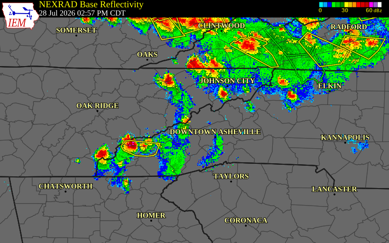 Radar snapshot during the Jul 28, 2026 wind event near Haywood County, Haywood County, North Carolina, with NWS warning polygons