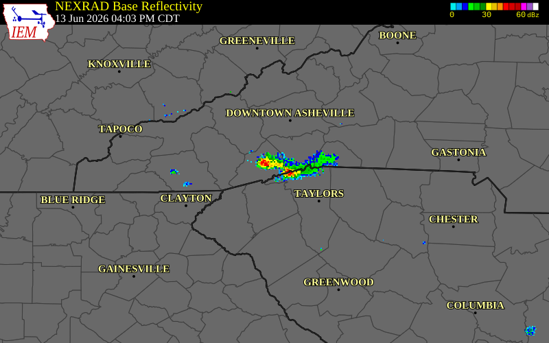 NEXRAD radar during the Saturday, June 13, 2026 storm activity in Henderson County, North Carolina