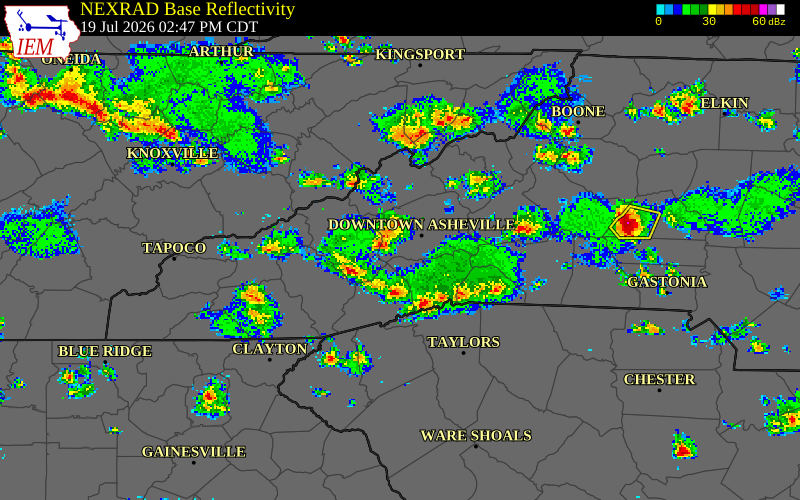 NEXRAD radar during the Sunday, July 19, 2026 storm activity in Henderson County, North Carolina