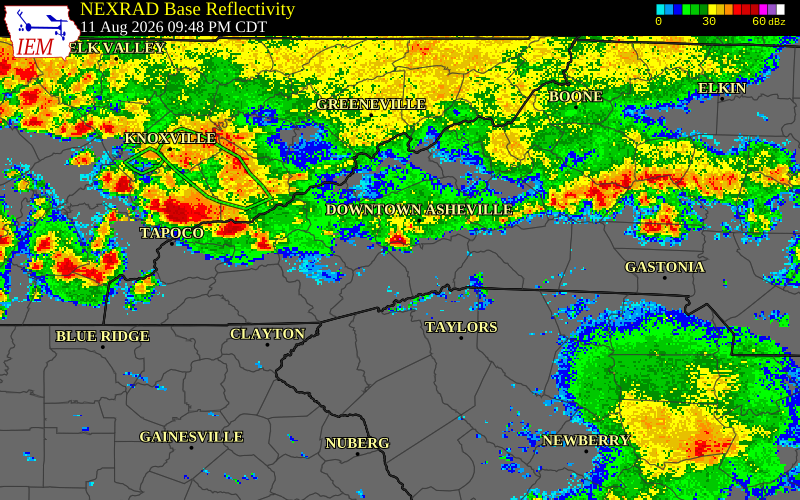 NEXRAD radar during the Tuesday, August 11, 2026 storm activity in Henderson County, North Carolina