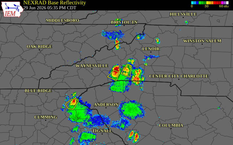 Radar snapshot during the Jun 29, 2026 hail event near 5 NNW Dana, Henderson County, North Carolina, with NWS warning polygons
