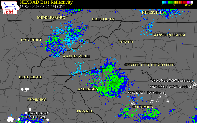 Current NEXRAD radar over Henderson County, North Carolina with recent storm report locations
